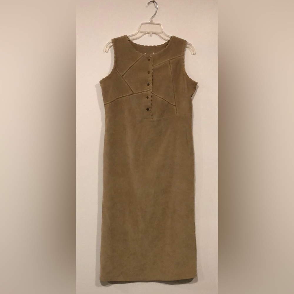 Women's Jumper Sleeveless Taupe Suede Midi Dress lace embellishments size L EUC